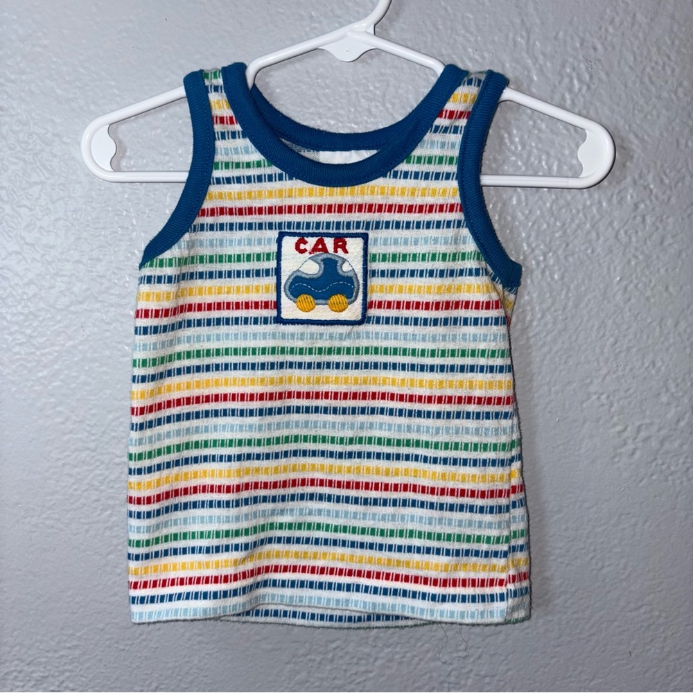 Vintage rainbow Striped Toddler Tank Top with Car Patch - Blue Trim 24 months
